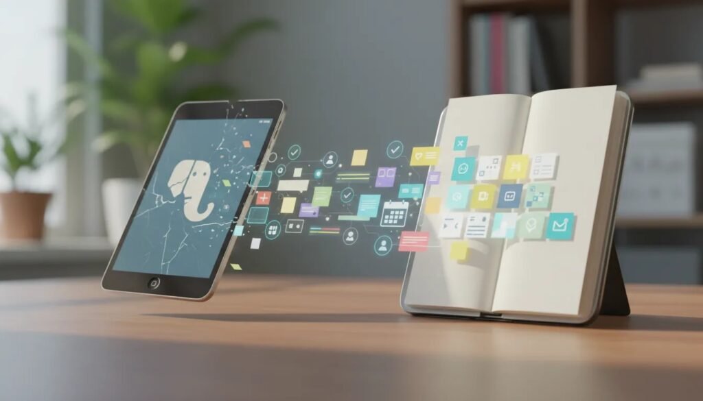 Metaphorical illustration of leaving an outdated note-taking tool and transitioning to a unified journal system for notes, tasks, habits, and planning.