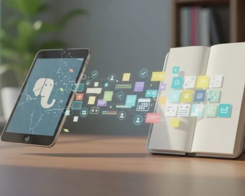 Metaphorical illustration of leaving an outdated note-taking tool and transitioning to a unified journal system for notes, tasks, habits, and planning.