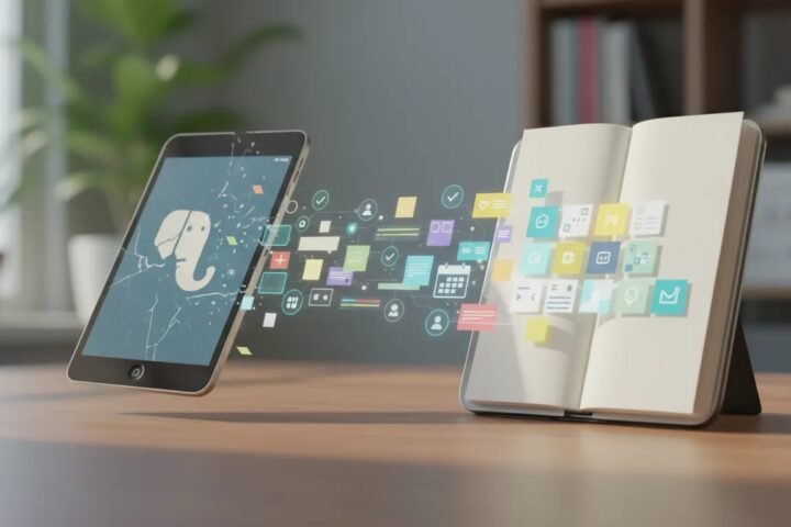 Metaphorical illustration of leaving an outdated note-taking tool and transitioning to a unified journal system for notes, tasks, habits, and planning.