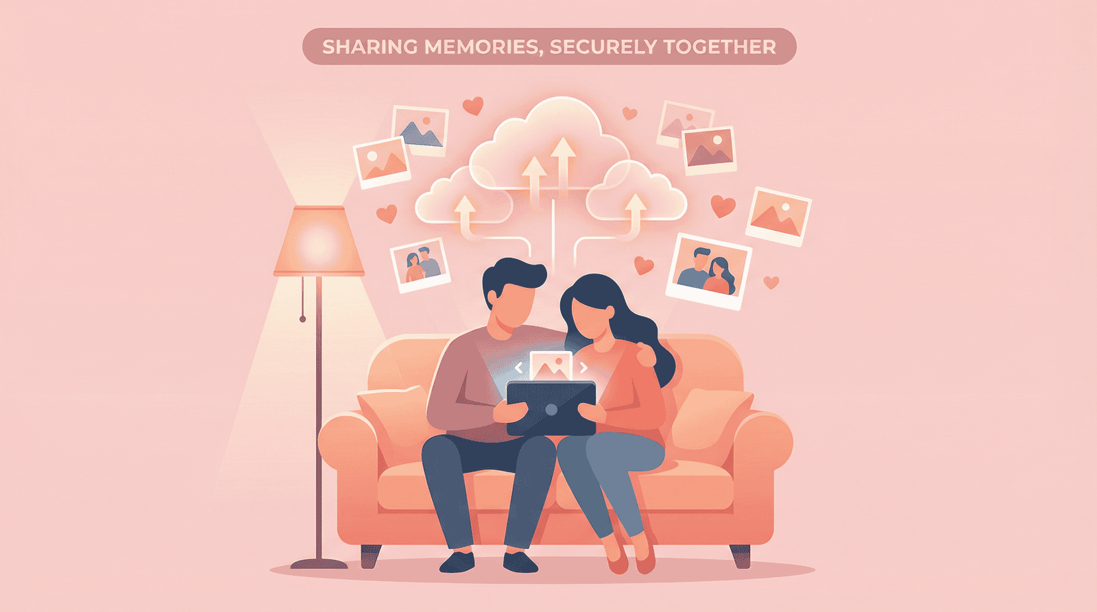 Couple sharing photos and memories via cloud storage on sofa.