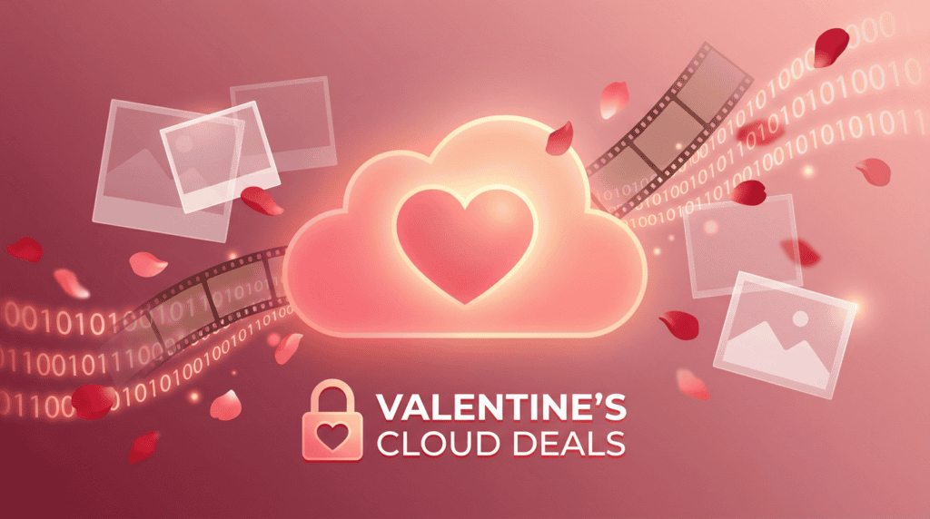 Valentine's Day cloud-themed promotion with heart and digital elements.