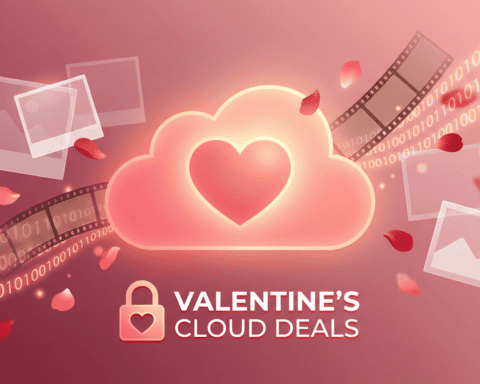 Valentine's Day cloud-themed promotion with heart and digital elements.