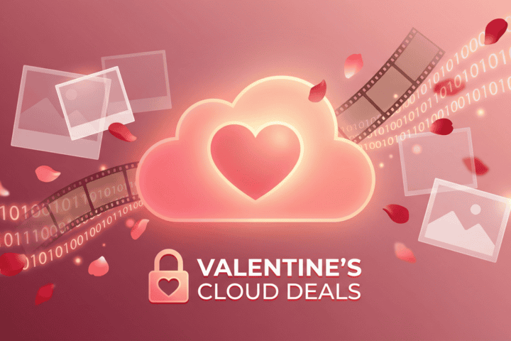 Valentine's Day cloud-themed promotion with heart and digital elements.