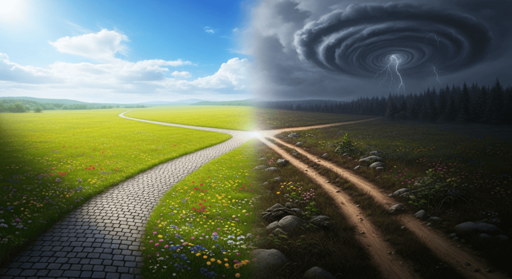Contrasting paths representing success and obstacles in side hustle journeys.